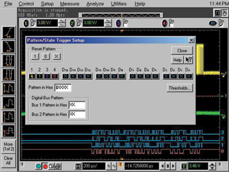 Figure 6. Triggering extends across all 20 channels with easy-to-use dialogs for quick trigger setups. MSOs have two pods of eight digital channels each, with connectors that are compatible with Agilent 16700 logic analysers.